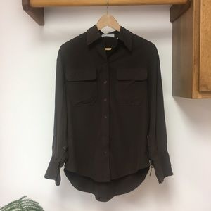 Dark chocolate brown silk button up Aritzia